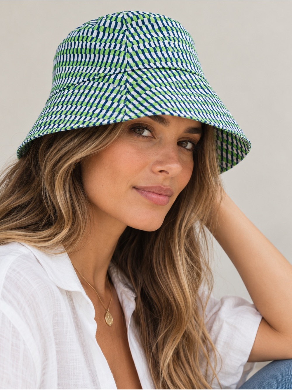 COS Geometric Print Bucket Hat Green Blue White XS/S